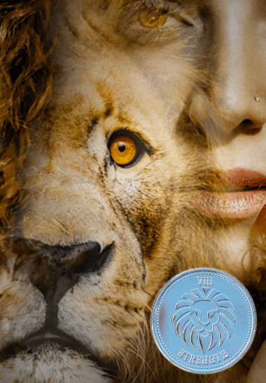 Woman and lion with fortune tarot coin